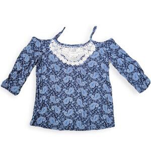Roebuck Girls Cold Shoulder Paisley Blue Lace Collar Elbow Sleeve Top Girls XL16